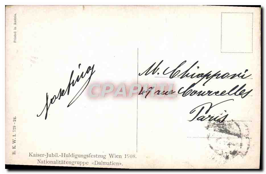 CPA Kaiser Jubil Huldingungsfestug Wien 1908 Autriche Folklore  — Rückseite
