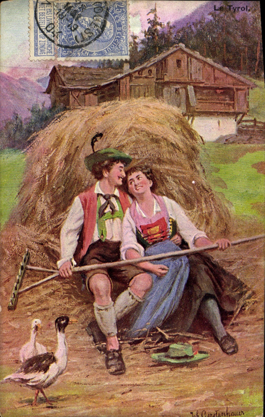 Le Tyrol — Paysage de montagne avec jeunes couple en costume traditionnel — Jak Ciersterhauer