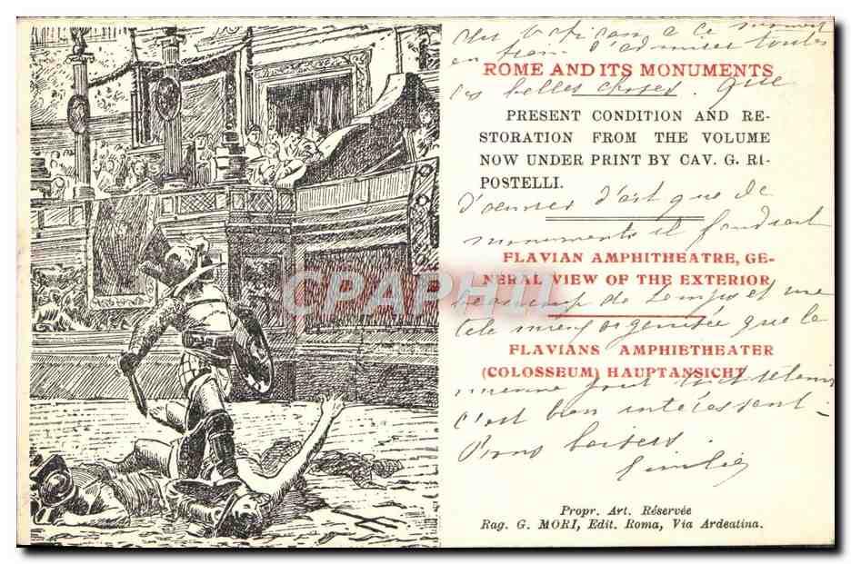 CPA Anfiteatro Flavio Colosseo Gladiateur (tres belle illustration de dos) — Verso