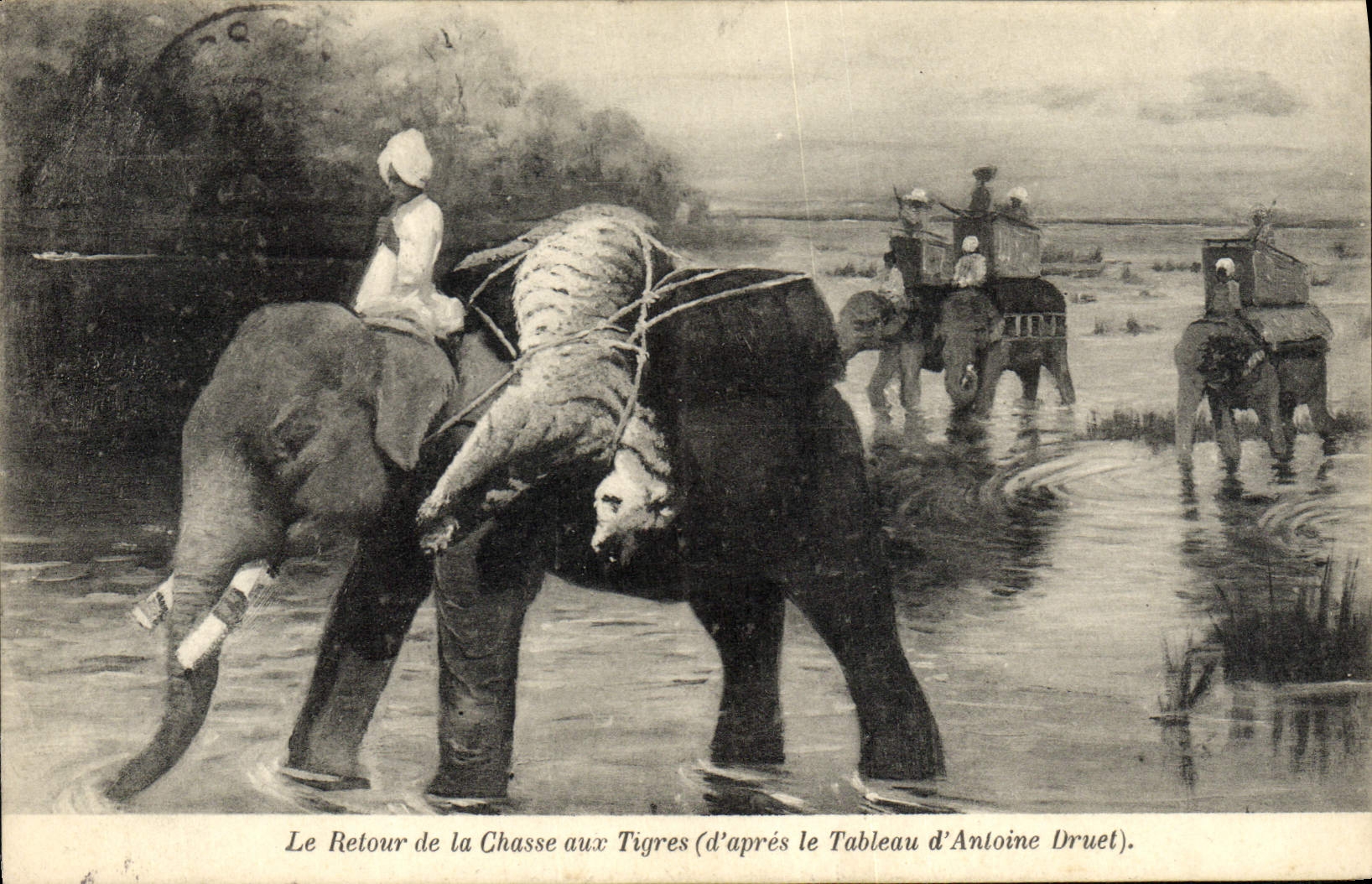 CPA Le Retour De La Chasse Aux Tigres Antoine Druet Elephants Elephant