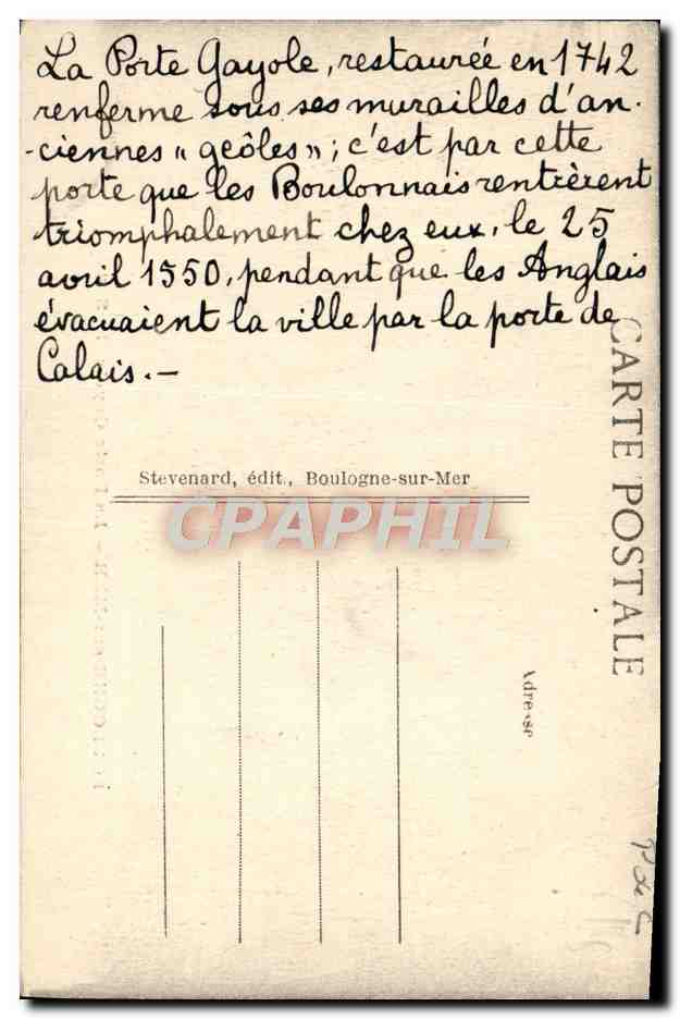 Boulogne-sur-Mer — La Porte Gayole — Stevenard, édit. — Verso