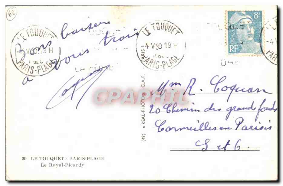 Hôtel Royal-Picardy — Le Touquet-Paris-Plage — éditeur C.A.P. n°39 — Rückseite