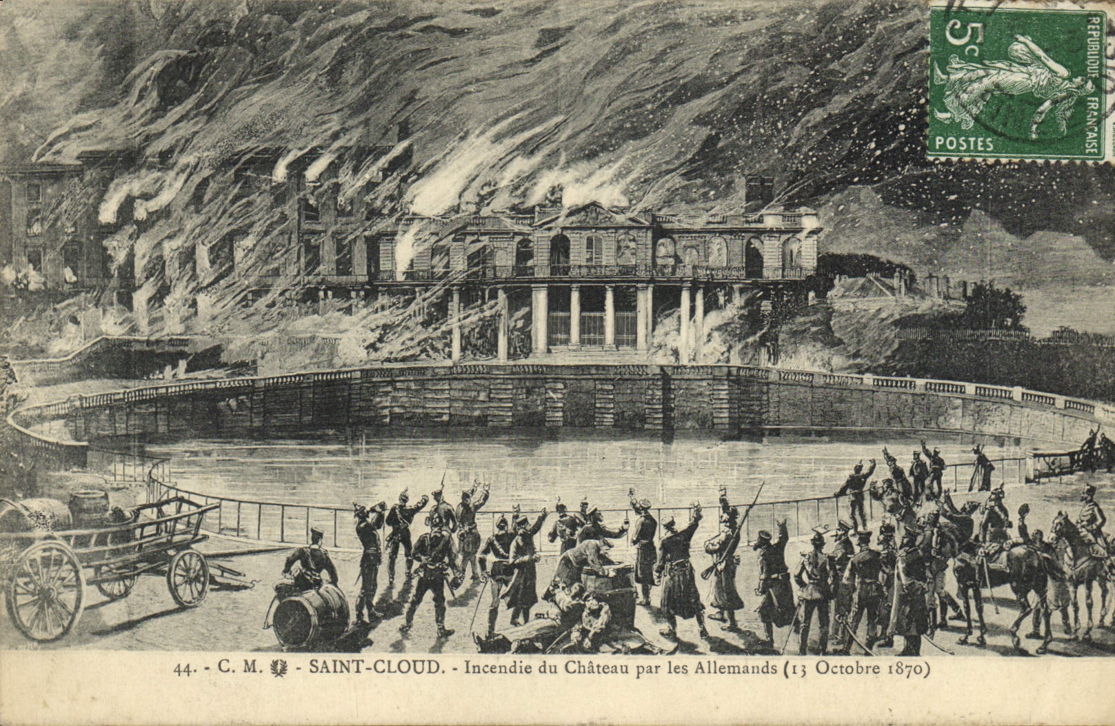 CPA Saint Cloud Incendie du chateau par les allemands 13 ocotbre 1870 Militaria