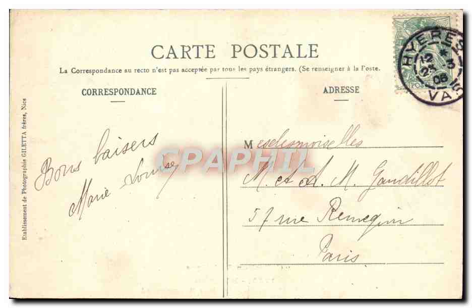 CPA Hyeres Allee de palmiers Avenue Beauregard — Verso