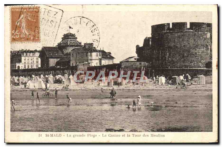 St-Malo - Die große Strandpromenade - Das Casino und die Mühlen-Turm