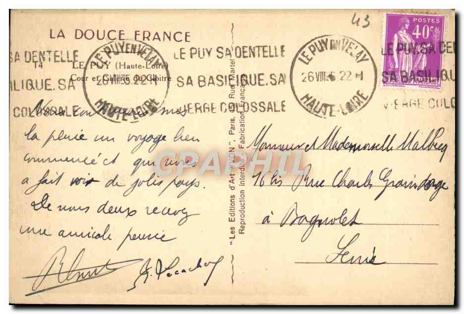 CPA La Douce France Le Puy Cour et galerie du cloitre — Rückseite