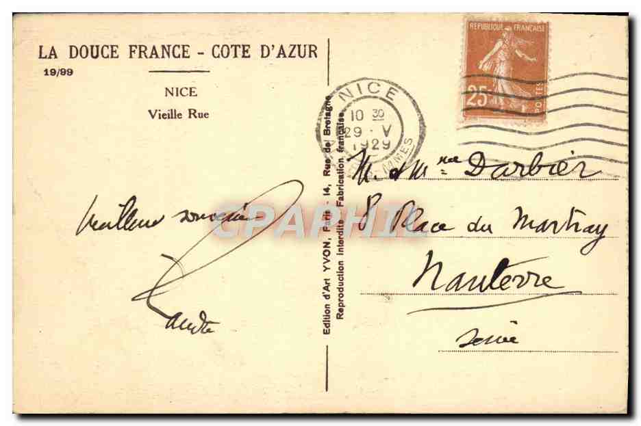 CPA La Douce France Cote d'Azur Nice Vieille Rue — Rückseite