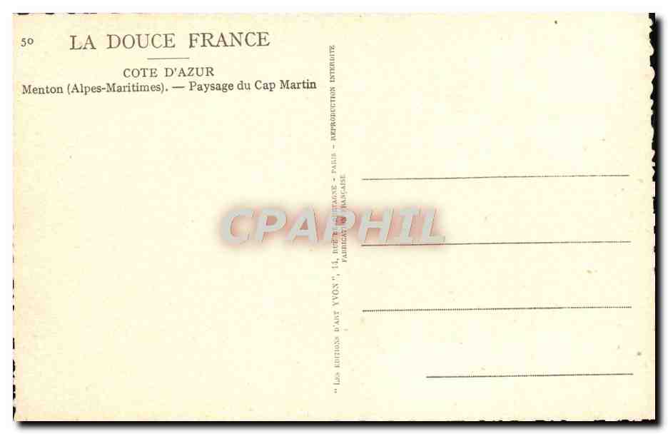 CPA La Douce France Cote d'Azur Menton Paysage Du Cap Martin — Rückseite