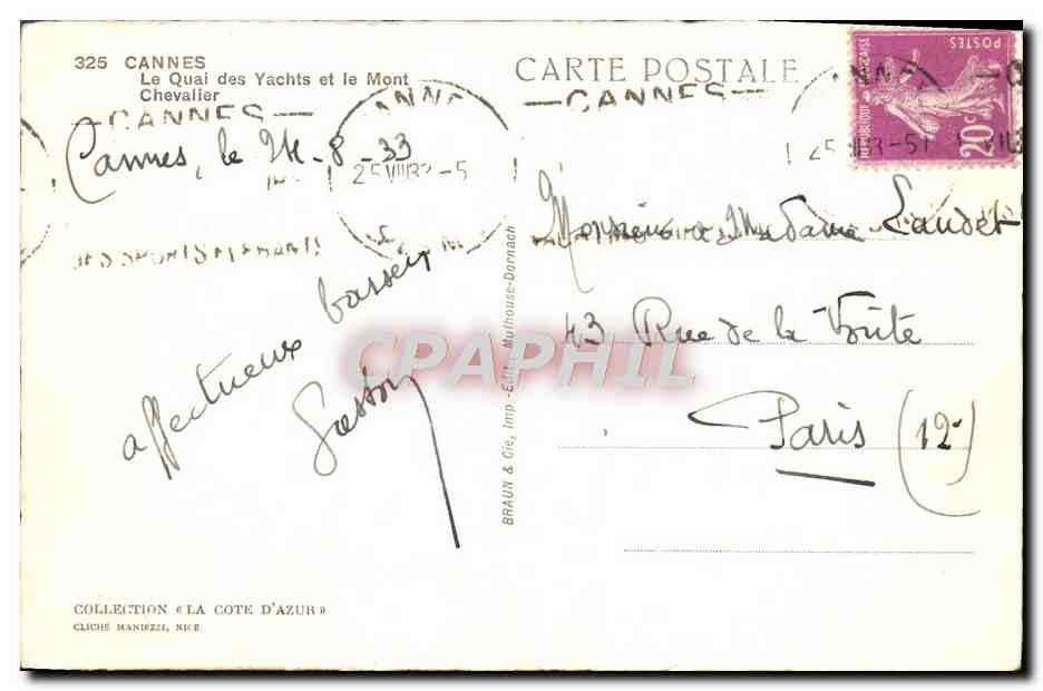 CPA Cannes Le Quai Des Yachts Et Le Mont Chevalier Bateaux — Rückseite