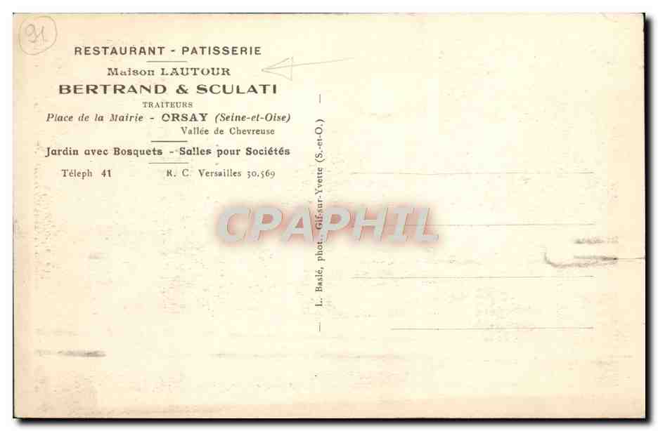 CPA Restaurant Patisserie Maison Lautour Bertrand et Sculati Place de la Mairie Orsay  — Back