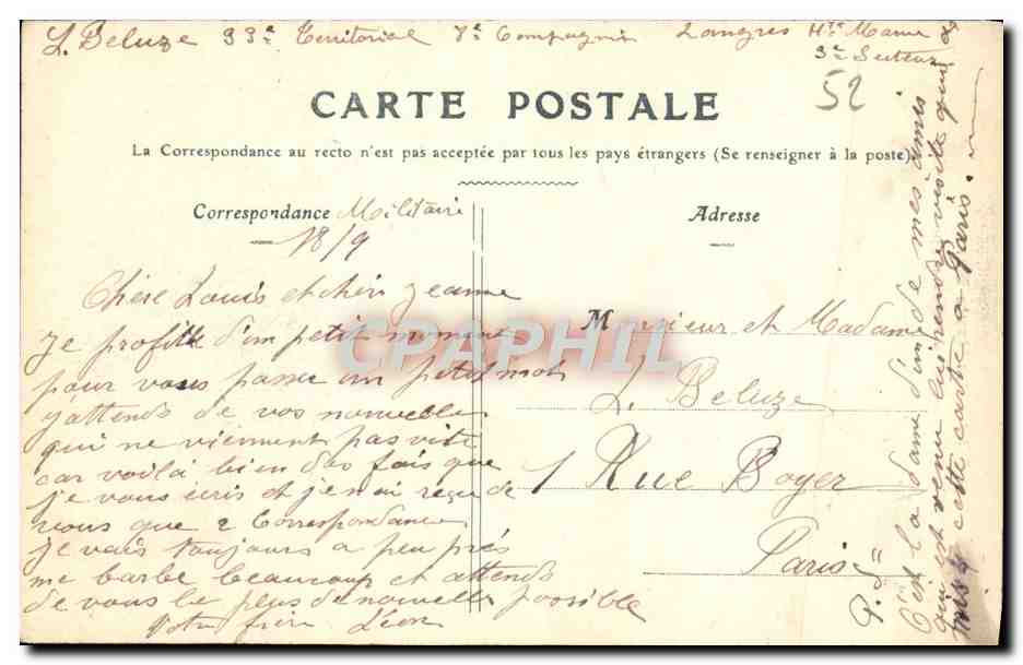 CPA Langres La Porte des Moulins Place Bel Air — Rückseite
