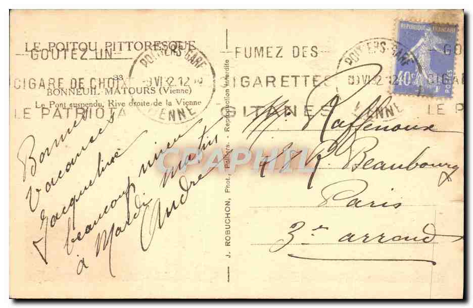 Bonneuil-Matours (Vienne) — Pont suspendu, Rive droite de la Vienne — J. Robuchon, Phot. Bailleurs — Verso