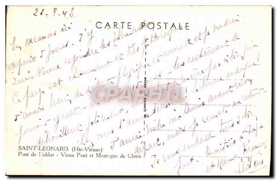 CPA St Leonard Pont de Noblat Vieux Pont et Montagne de Clovis  — Rückseite