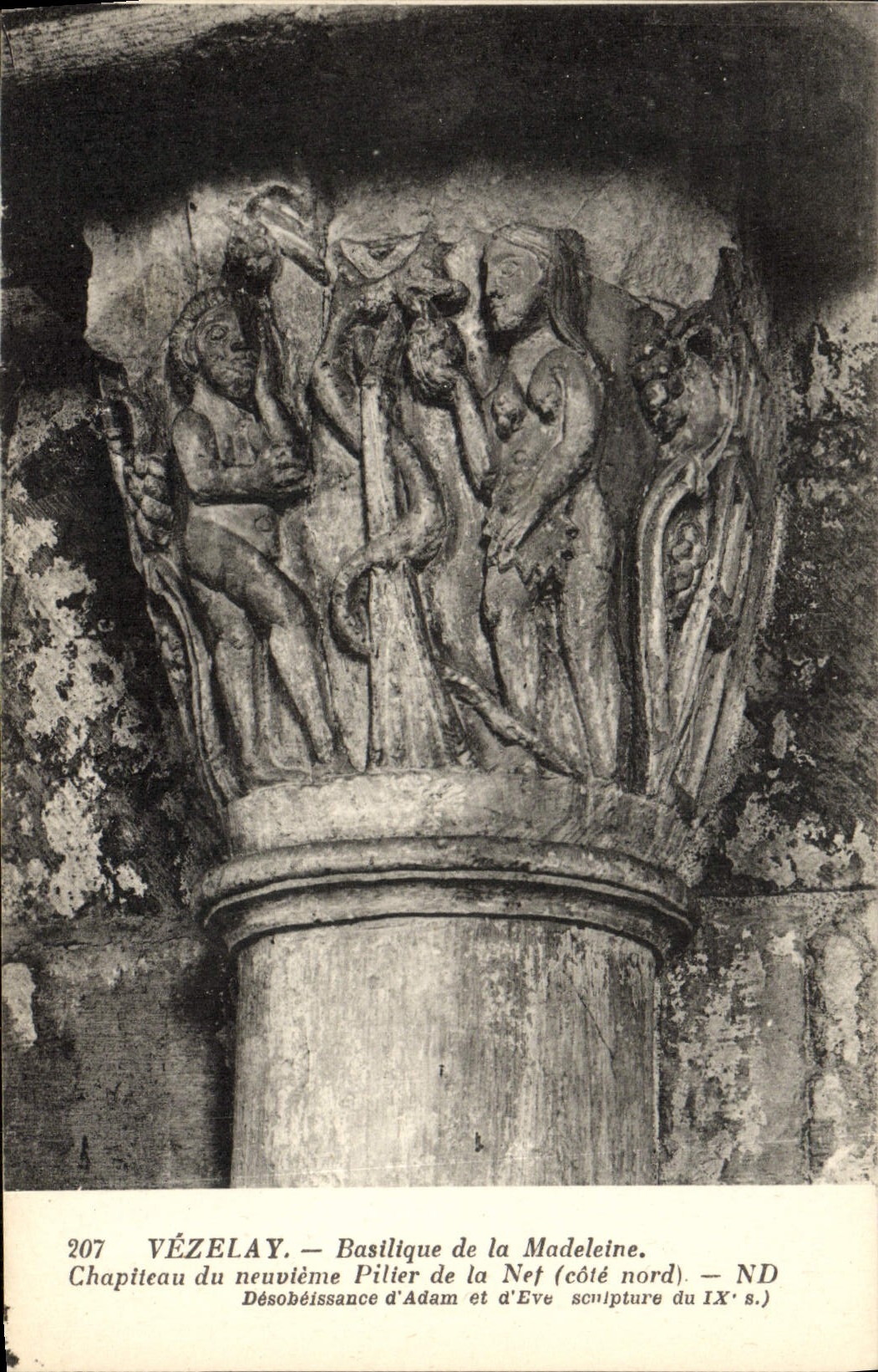 Vézelay — Chapiteau du neuvième pilier de la nef (côté nord) — Basilique de la Madeleine, sculpture du IXe s.