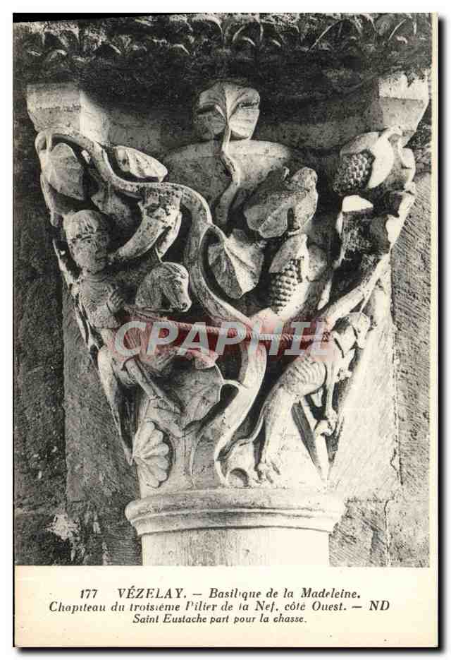 Vézelay — Basilique de la Madreleine — Chapiteau du troisième pilier de la nef, côté ouest — Saint Eustache part pour la chasse