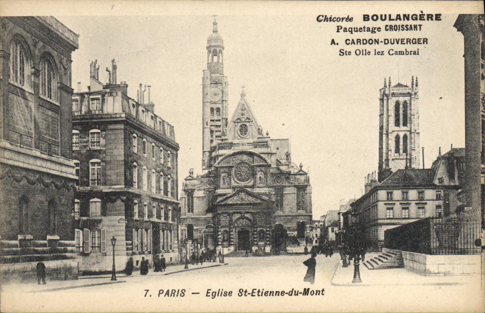 CPA Paris Eglise St Etienne Du Mont Publicite Chicoree Boulangere Paquetage Croissant Cardon Duverger Ste Olle lez Cambr