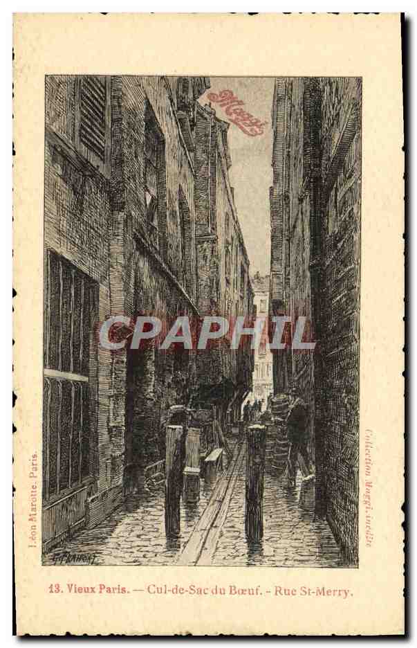 CPA Vieux Paris Cul De Sac Du Boeuf rue St Merry Publicite Maggi