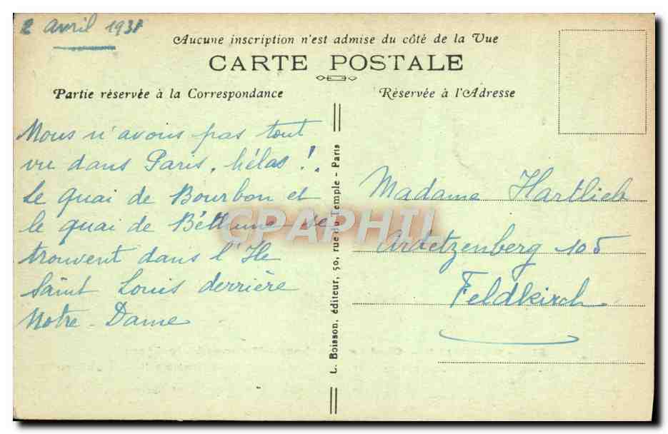 CPA Paris Quai De Bourbon Maisons Historques Hotel de Charron Jassaud Arquinvilliers Duc de Nevers  — Rückseite