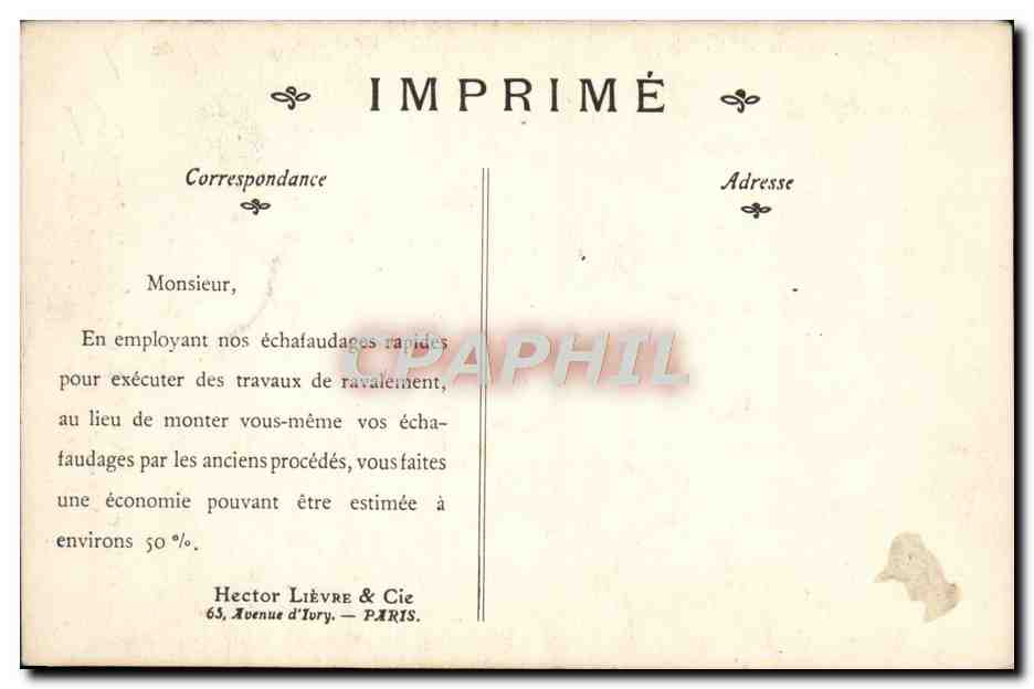 CPA Paris Hector Lievre Echafaudages Rapides Avenue d'Ivry — Rückseite