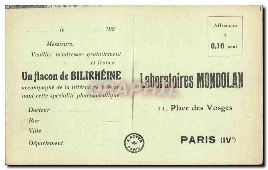 CPA Paris Place Des Vosges Publicite Laboratoires Mondolon Flacon Bilirheine — Rückseite