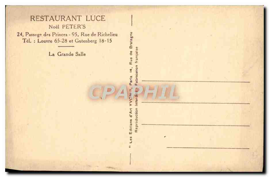 CPA Restaurant Luce Noel Peter's Passage Des Princes Rue De Richelieu La grande salle — Rückseite
