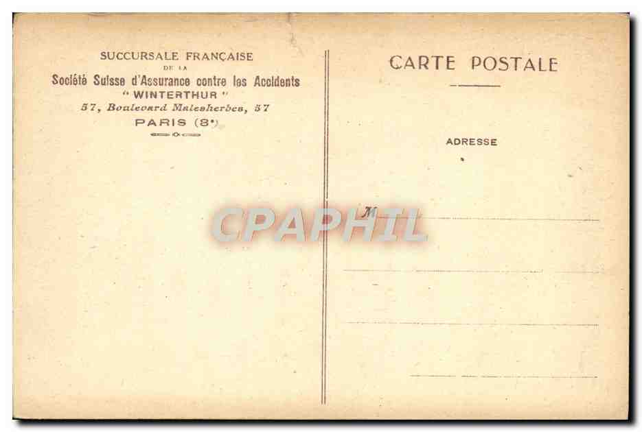 CPA Soclete Suisse d'Assurance Contre Les Accidents Winterthur Boulevard Malesherbes Paris — Verso