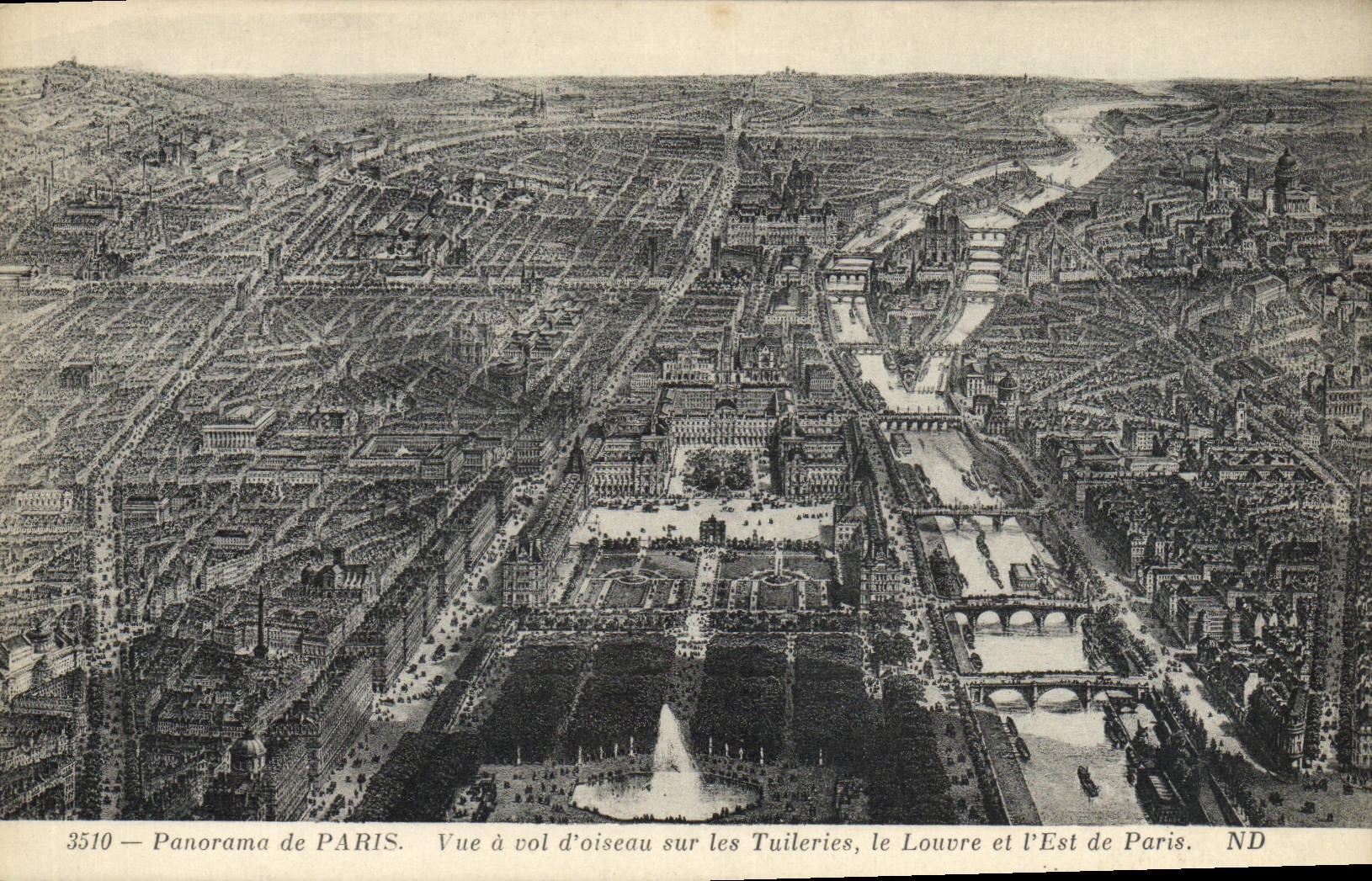 Panorama de PARIS — Vue à vol d’oiseau sur les Tuileries, le Louvre et l’Est de Paris — ND