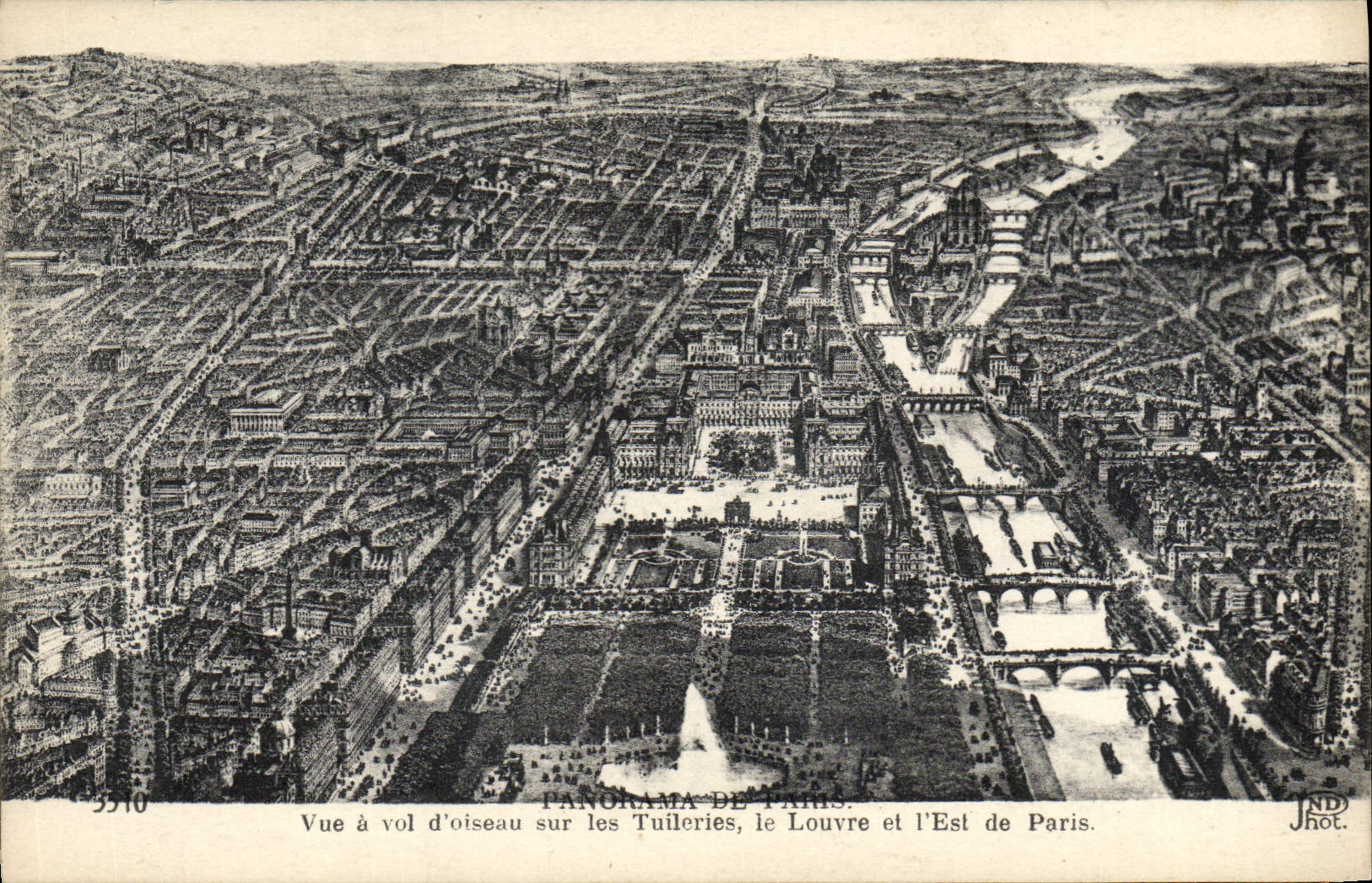Vue à vol d'oiseau sur les Tuileries, le Louvre et l'Est de Paris — PANORAMA-DE-PARIS, n°3510, JND Phot.