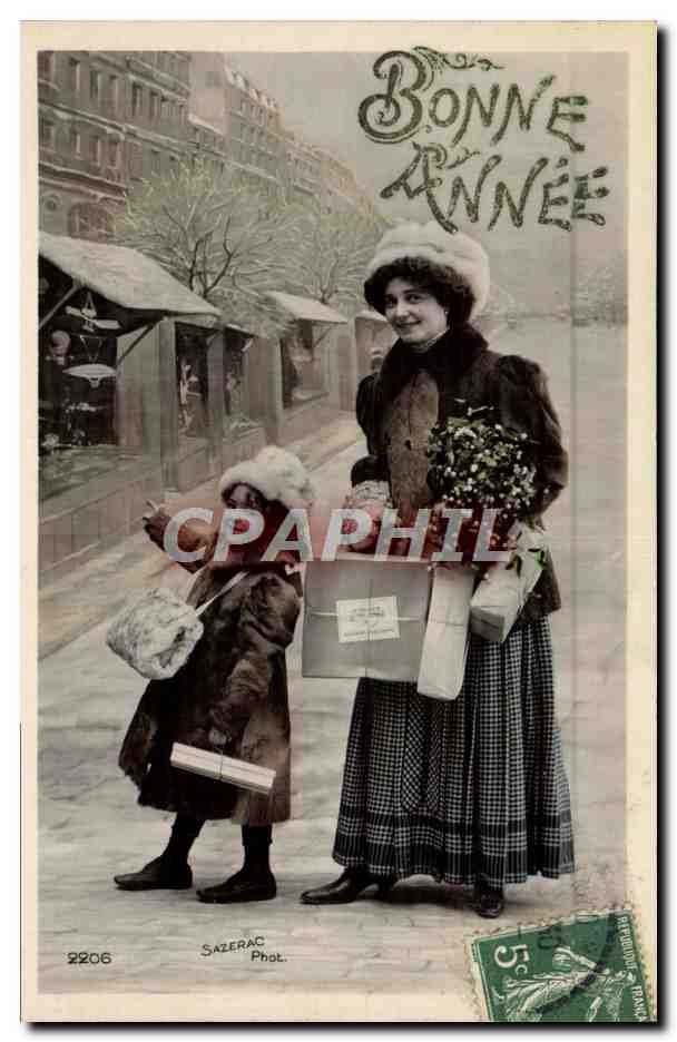 Femme et enfant sur rue — Bonne Année — Sazerac Phot. n°2206