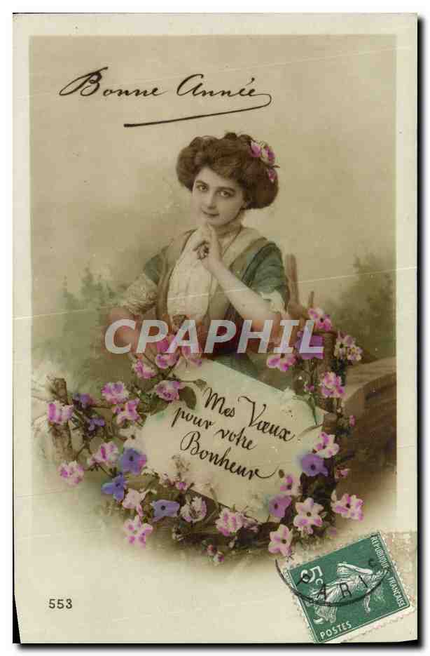 Femme souriante avec couronne de fleurs — Bonne Année — éditeur Paris, n° 553