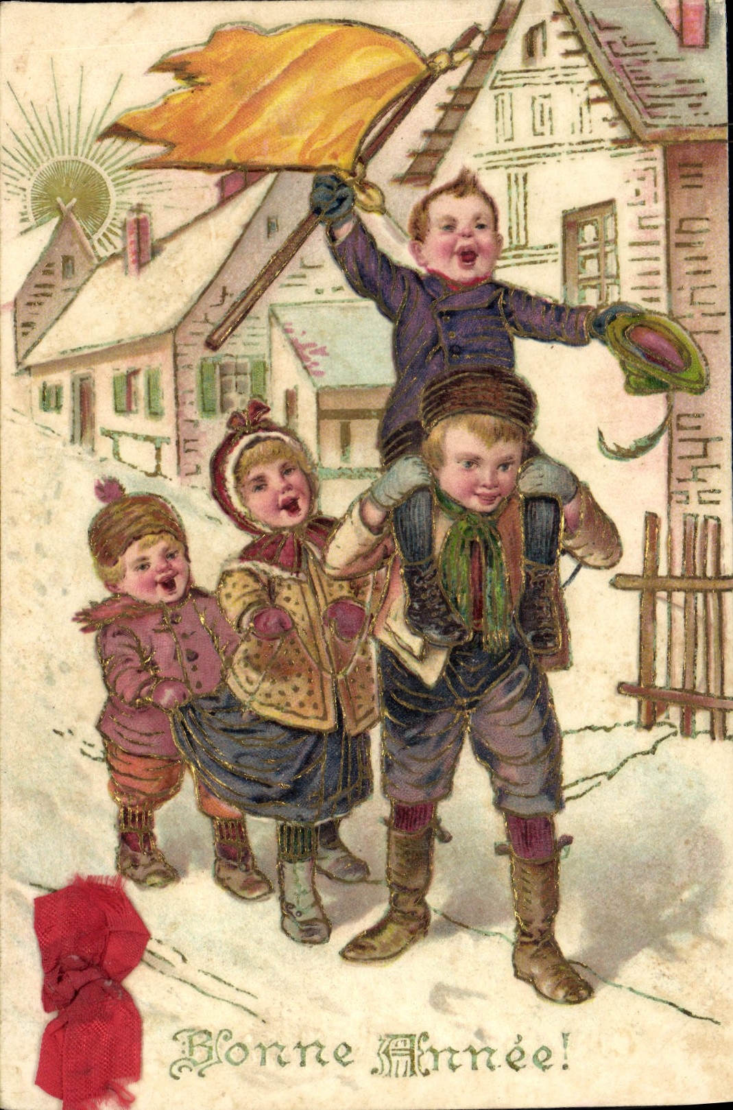 Enfants jouant enneigés — Bonne Année! — Goldiefdruck