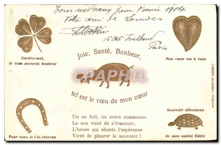 CPA Fantaisie Chance Cochon Porc Trefle Fer a cheval Tortue coeur 