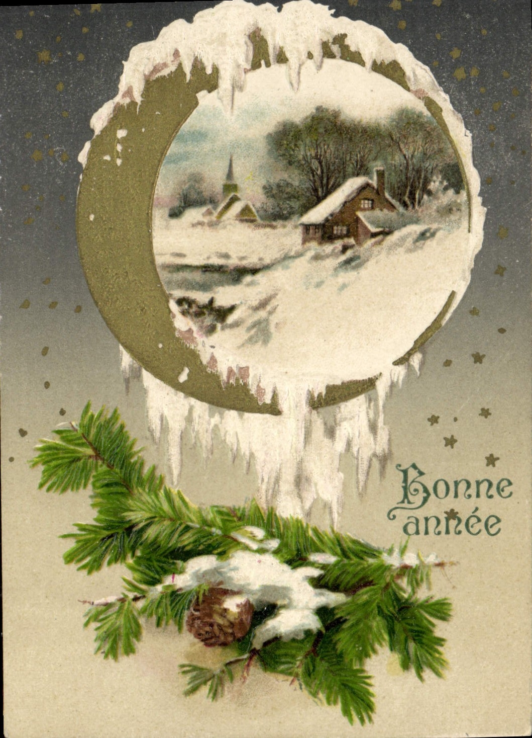 Winterlandschaft — Haus und Kirche unter Schnee — Verleger nicht sichtbar