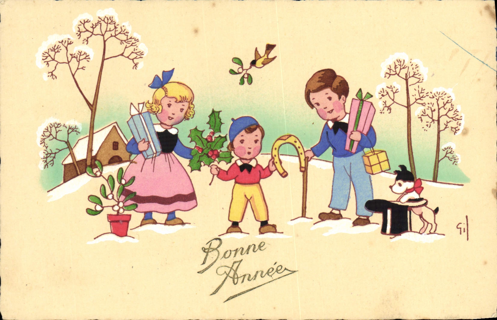 CPA Fantaisie Enfant Fer a cheval Chien