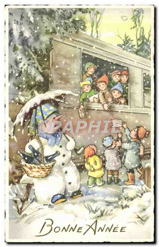 CPA Fantaisie Enfants Bonhomme de neige Train 