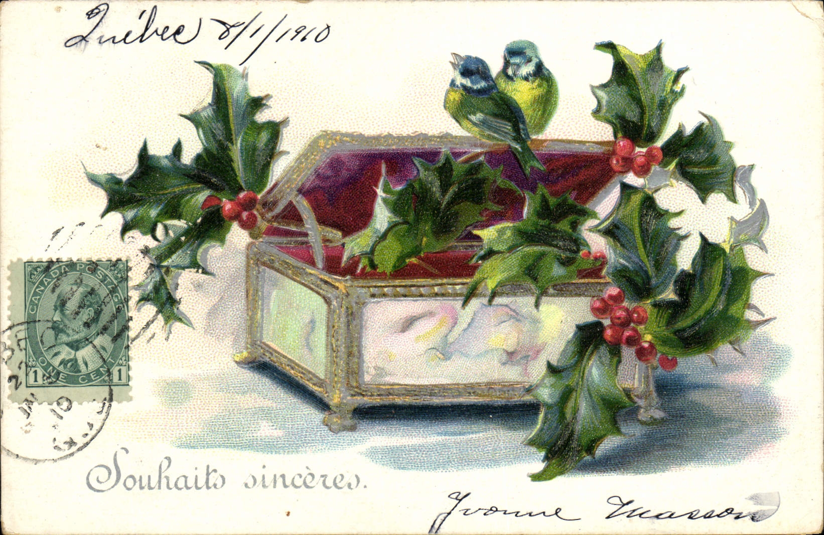 Boîte de Noël ornée de houx et d'oiseaux — Tuck's Post Card n°7856/00
