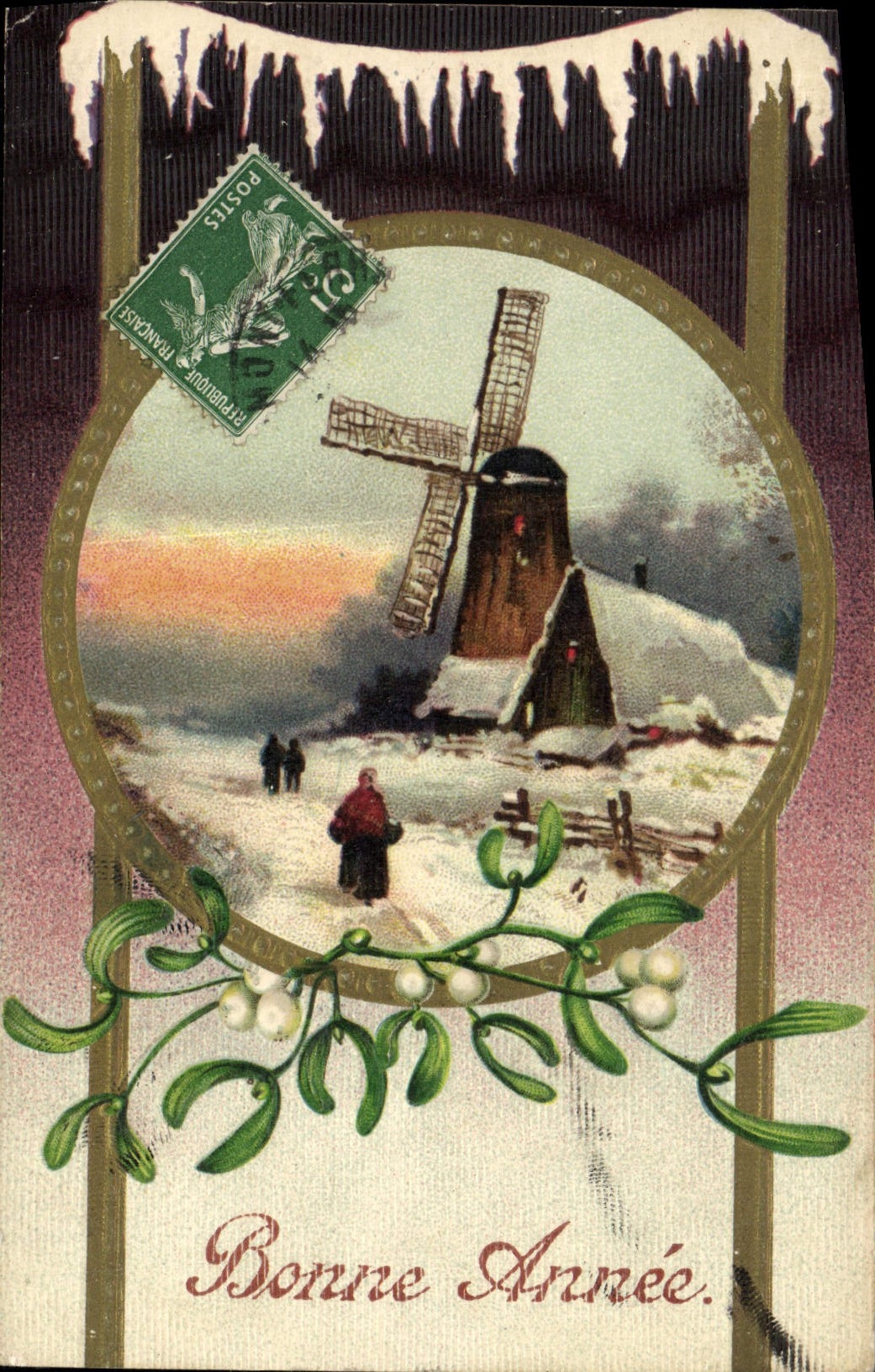 Moulin à vent enneigé — carte de vœux — Chromo No. 18246, Dessin 2, éditeur L. Nicoll