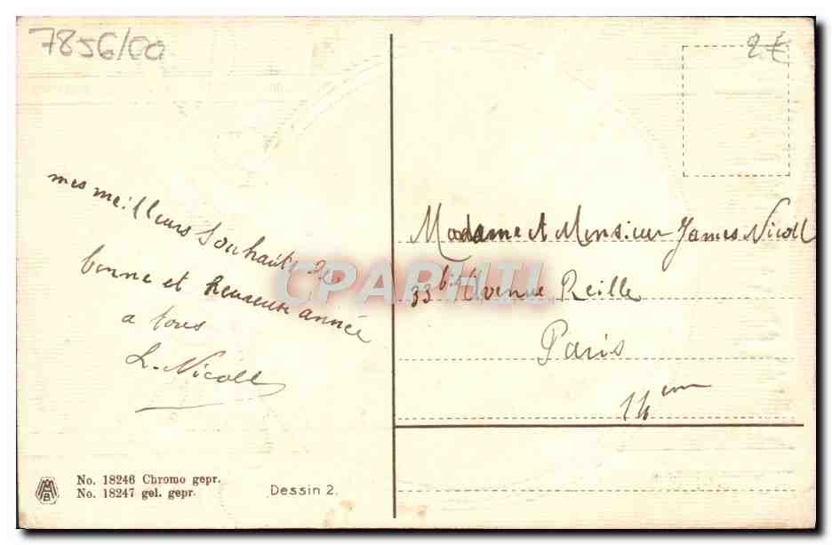 Moulin à vent enneigé — carte de vœux — Chromo No. 18246, Dessin 2, éditeur L. Nicoll — Reverso