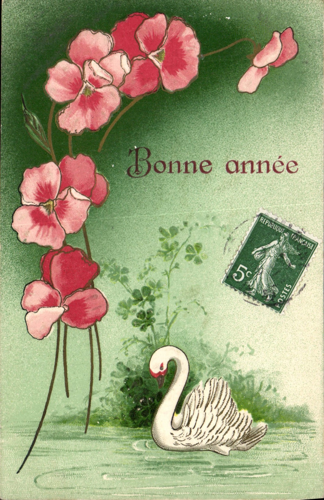 CPA Fantaisie Fleurs Cygne Bonne annee 