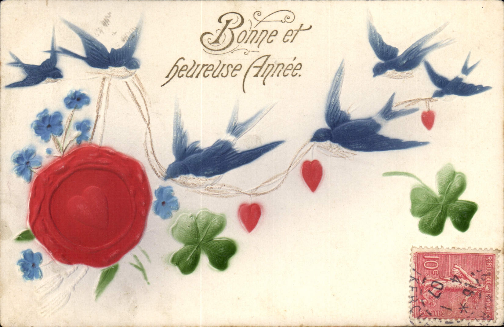 CPA Fantaisie Bonne annee Hirondelles Coeur 