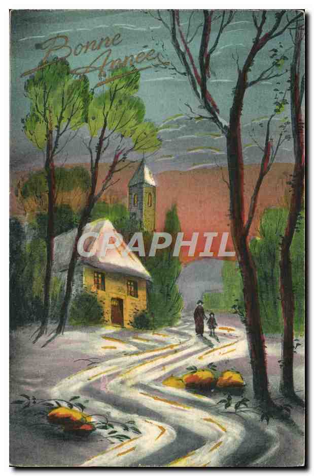 Village enneigé — scène hivernale avec église et promeneurs — éditeur non identifié