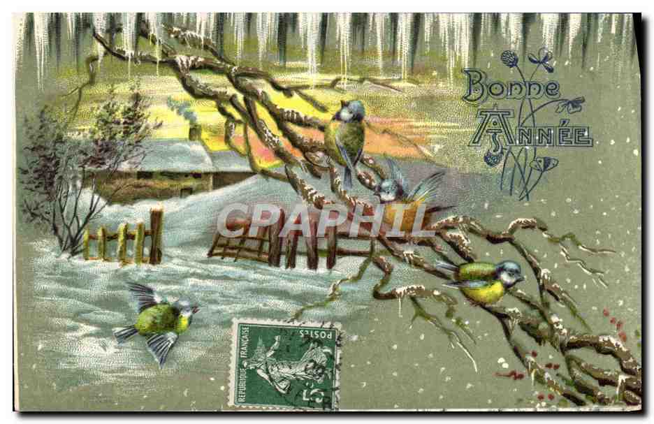 Winterlandschaft mit Vögeln — Frohe Neujahr — Verlag nicht sichtbar
