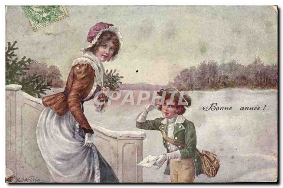 Jeune femme et garçon saluant — scène hivernale — éditeur B. K. W. I. n° 2736-4