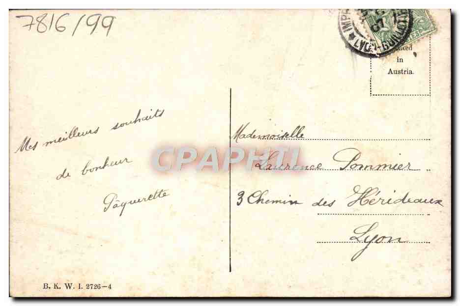 Jeune femme et garçon saluant — scène hivernale — éditeur B. K. W. I. n° 2736-4 — Reverso