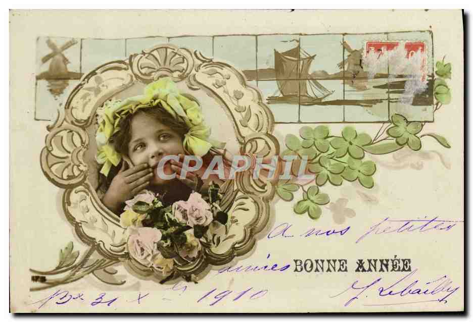 CPA Fantaisie Enfant Moulin a vent Bateau