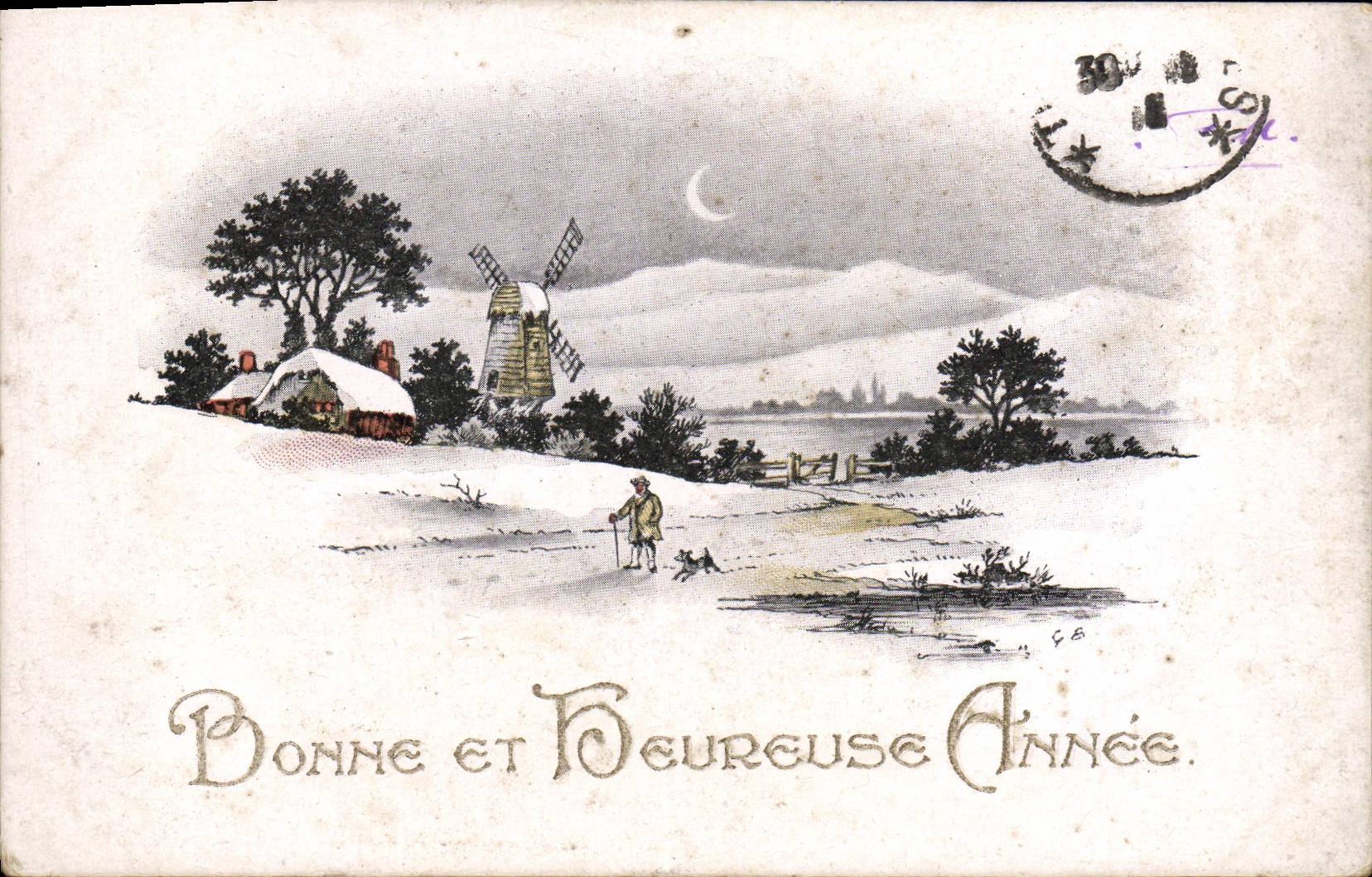 CPA Fantaisie Bonne annee Moulin a vent