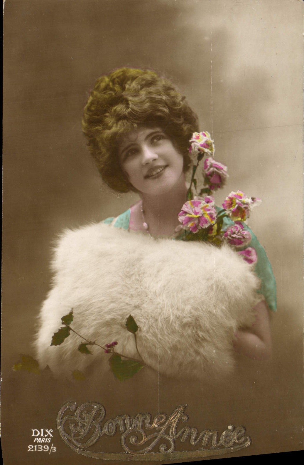 Femme en fourrure et fleurs — Bonne Année — DIX Paris 2139/3