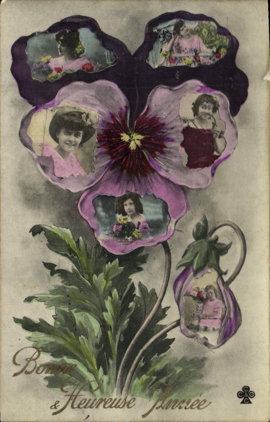 Flor de pensamiento con retratos — Buen Año y Feliz — editor desconocido