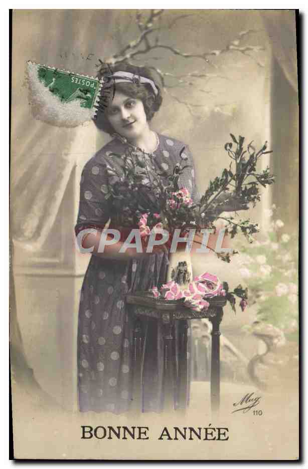 Frau in Kleid mit Polka-Dot-Muster mit Blumenstrauß — Gute Jahreszeit — Verlag May, Nr. 110