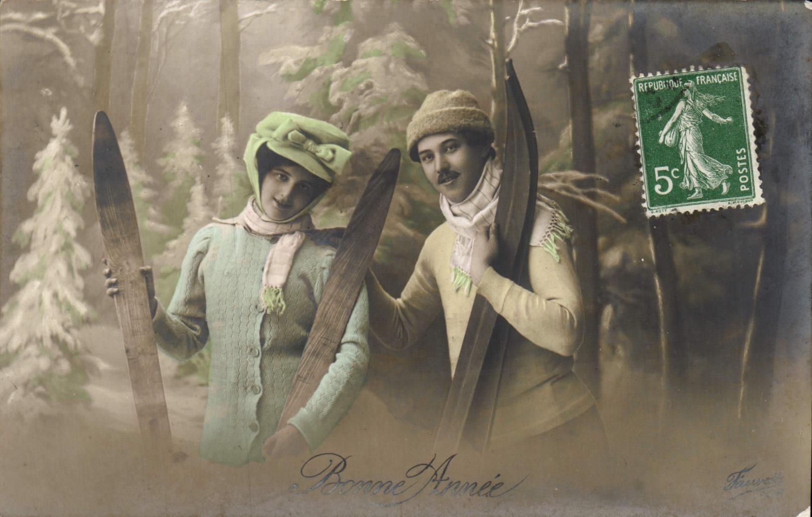 Due sciatori in foresta — Buon Anno — editore Tauvill